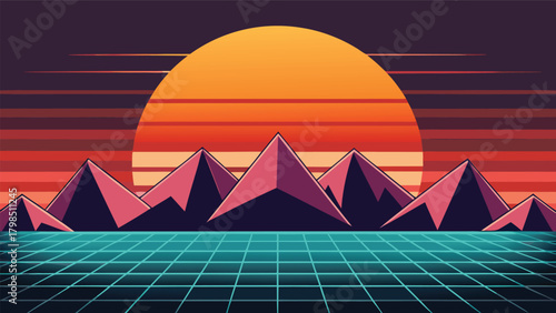 Vibrant retro sunset casts dramatic shadows over geometric mountains and glowing grid landscape, evoking a nostalgic synthwave aesthetic.