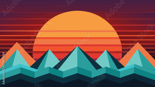 Bold geometric mountain range bathed in vibrant retro sunset glow, evoking a sense of adventure and discovery.