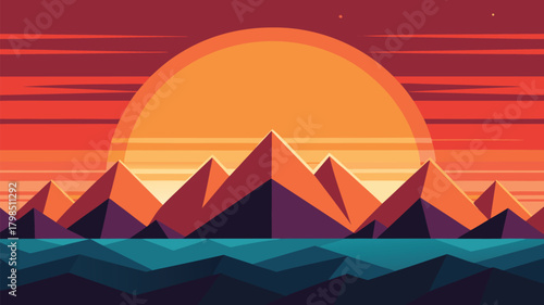 Obraz na płótnie Stunning geometric mountain landscape at vibrant sunset over tranquil water, evo