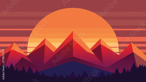 Stunning geometric mountain landscape bathed in the warm glow of a vibrant, stylized sunset with layered horizons