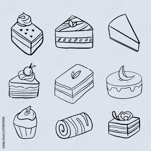 Hand-Drawn Dessert Icon Set Cake Slice, Cupcake, Rolled Cake, Cheesecake, Pastry  Black Line Art Illustration