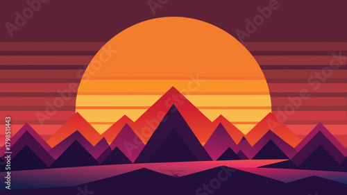 Vibrant geometric sunset over a serene mountain landscape with a shimmering lake, evoking adventure and tranquility.