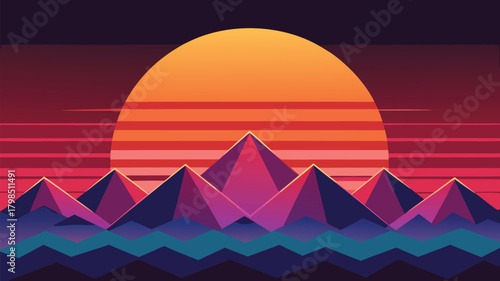 Vibrant retro sunset over geometric mountains reflects a synthwave aesthetic, perfect for nostalgic digital art and design projects.