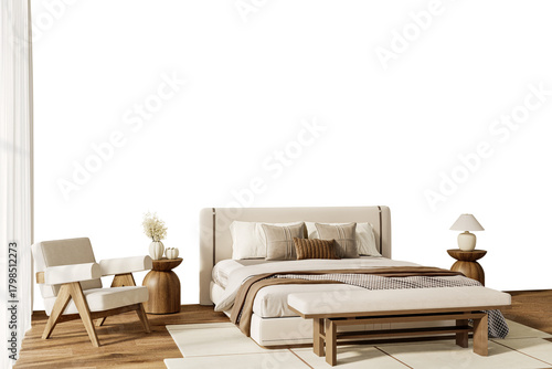 Cozy Modern Bedroom PNG with Upholstered Bed, Bench, Wooden Side Tables and Natural Soft Lighting on Transparent Background