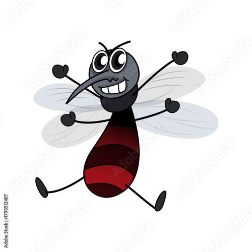 A Happy Mosquito Character with a Mischievous Grin, Celebrating Joyfully, Vector Art