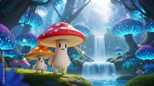 “Cute Fantasy Mushroom Characters in Enchanted Forest – Whimsical 3D Illustration with Magical Waterfall Scene”
