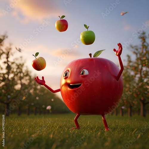 “Cute 3D Apple Character Juggling Fruits in Sunset Orchard – Fun Cartoon Fruit Mascot Illustration”