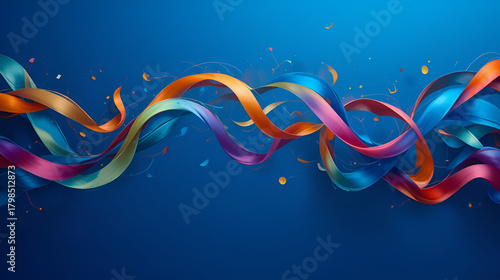 Vibrant, colorful ribbons swirl and intertwine against a bold blue backdrop. Perfect for modern designs.