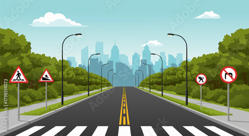 City Street Road with Traffic Signs and Crosswalk Illustration in Urban Environment