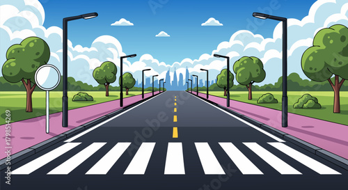 Scenic Cityscape View Down a Long Road Illustration - Ideal for Travel and Urban Design