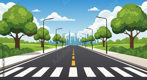 Urban road perspective leading to city skyline with crosswalk, streetlights, and green trees under a blue sky