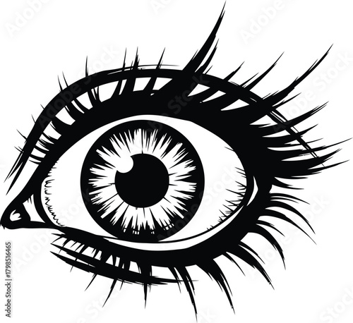 Stylized black and white eye with long lashes
