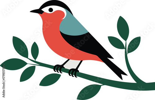 Vector bird with red plumage and black wings perched on a green leafy branch, suitable for nature themes