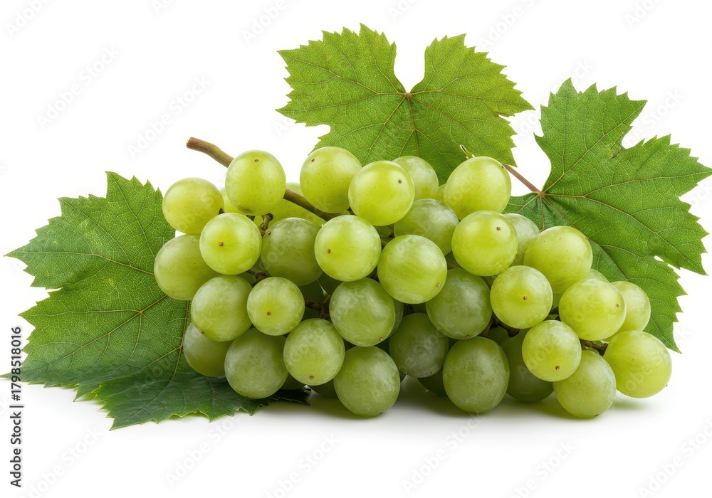 Obraz premium A vibrant cluster of fresh, ripe green grapes resting beautifully alongside dark green vine leaves, isolated against a clean white backdrop ,healthy, vine, closeup
