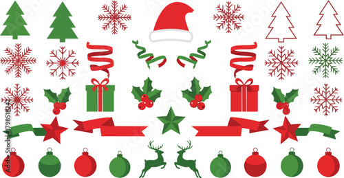 Ultimate Christmas Design Element Vector Set – Comprehensive Collection of Icons: Santa Hat, Snowflakes, Christmas Trees, Gift Boxes, Holly, Ribbons, Ornaments, and Reindeer Silhouettes