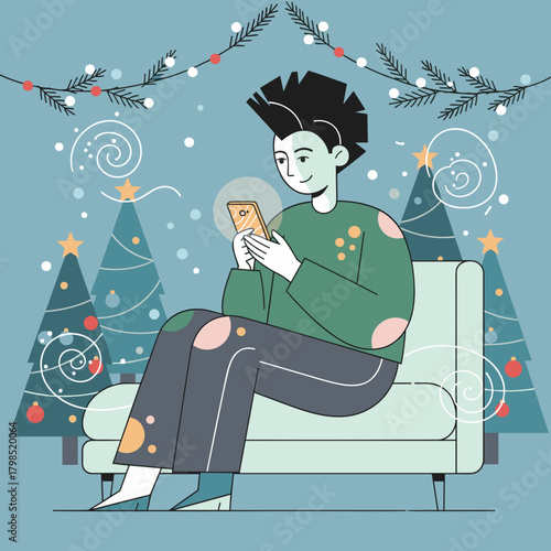 Young person using a smartphone on a couch during Christmas Holiday communication and digital greetings