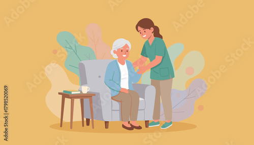 Friendly nurse assisting senior woman at home emphasizing care and support