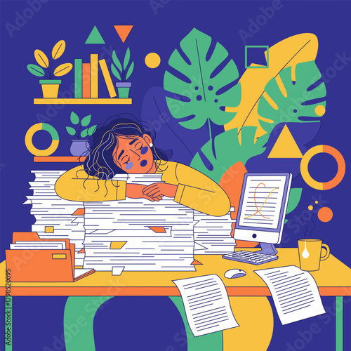 Burnout and stress concept Overworked woman overwhelmed by documents sleeping at her office desk