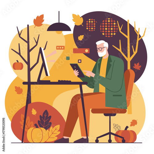Elderly man using a tablet and computer working from his cozy autumnthemed home office
