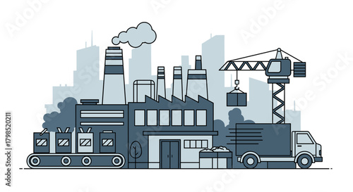 Industrial factory complex production line crane and delivery truck against a city skyline