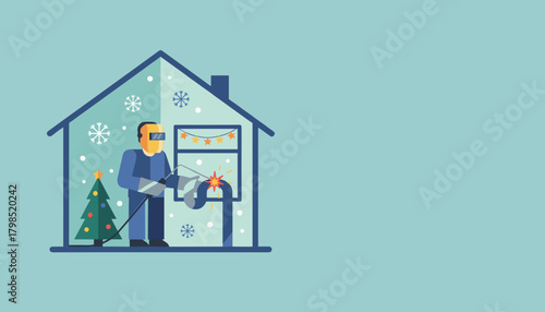 Welder fixing a broken pipe outside a festive house in winter Emergency home repair services