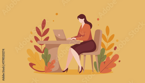 Woman using laptop at desk colorful autumn flat illustration Remote work business technology