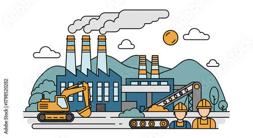 Manufacturing factory scene with excavator conveyor chimneys and industrial workers