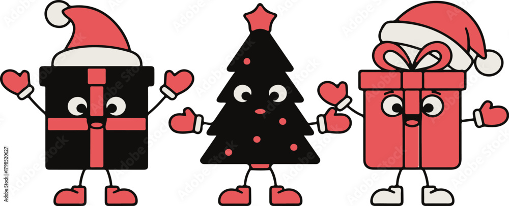 Obraz premium Set Of Cute Christmas Characters Including Gift Boxes And A Tree