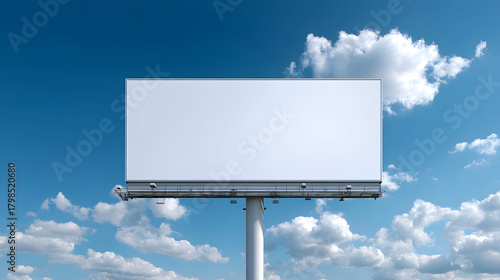 Fototapeta Naklejka Na Ścianę i Meble -  Blank billboard against a bright blue sky with fluffy clouds