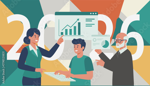 Professionals planning 2026 financial strategy and business growth using charts