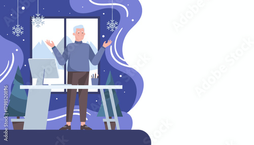 Senior man shrugging confusedly at his office desk in the winter