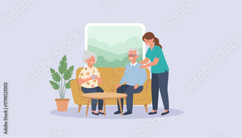 Professional care provider supporting senior couple in their comfortable living room
