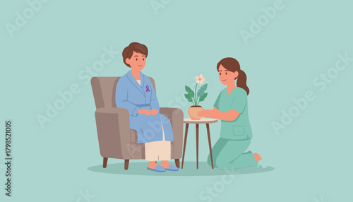Nurse offers flower to patient wearing awareness ribbon Healthcare recovery and compassionate care