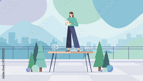 Professional woman uses tablet on rooftop with city view and stylized winter dcor Modern lifestyle concept