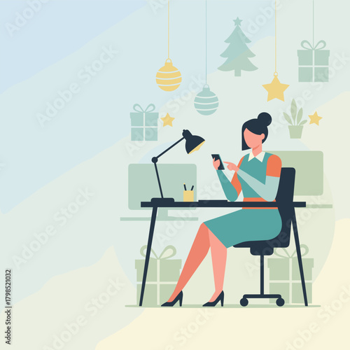 Professional woman using phone at her festive office desk during the holiday season