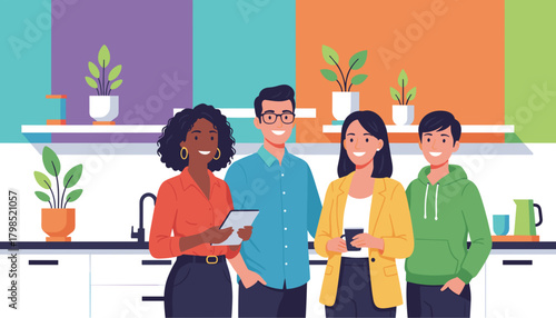 Diverse team smiling in a modern office kitchen suggesting collaboration and successful business