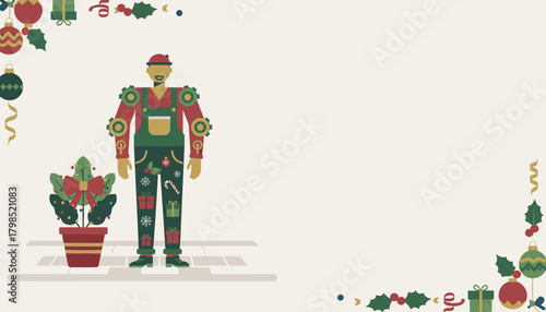 Christmas mechanic illustration with holiday frame and copy space