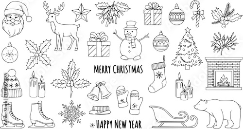 Whimsical Hand-Drawn Christmas and New Year Icons: Santa, Snowman, Reindeer, Tree, Fireplace, Bear  More
