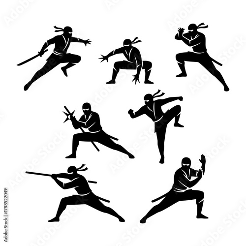 Collection of ninja silhouette vectors on a white background