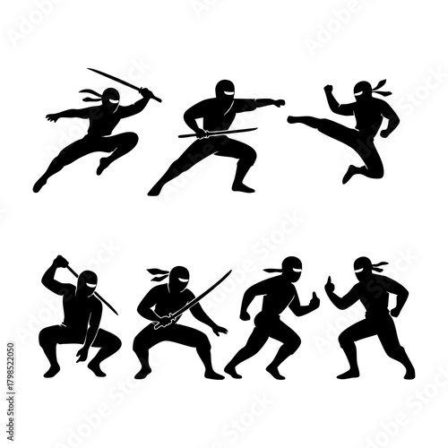 Collection of ninja silhouette vectors on a white background