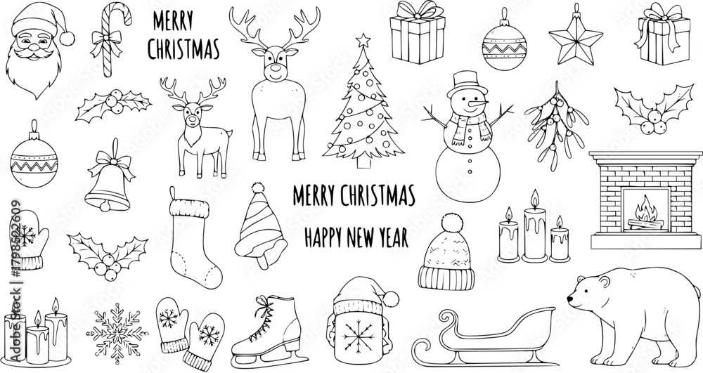 Fototapeta premium Christmas and New Year Holiday Doodle Set: Hand-Drawn Festive Icons