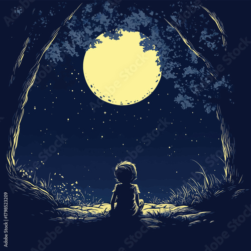 A child gazing at the glowing moon, lost in thought under the starry night sky, vector style simple color