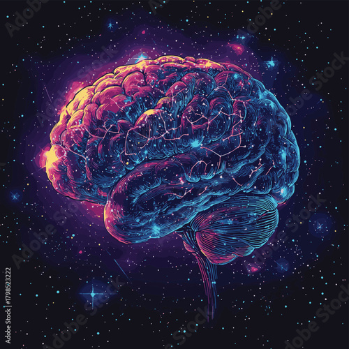a vibrant and detailed rendering of a human brain illuminated with neural pathways against a cosmic, star-filled background evokes the limitless potential of thought and consciousn
