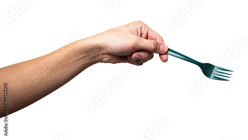 Male hand holding a green plastic fork isolated on white background.