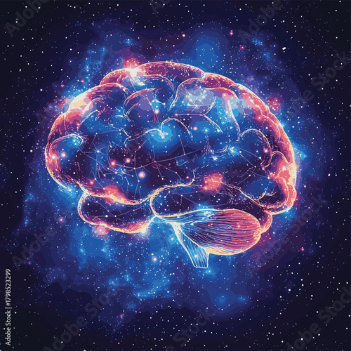 a vibrant and detailed rendering of a human brain illuminated with neural pathways against a cosmic, star-filled background evokes the limitless potential of thought and consciousn