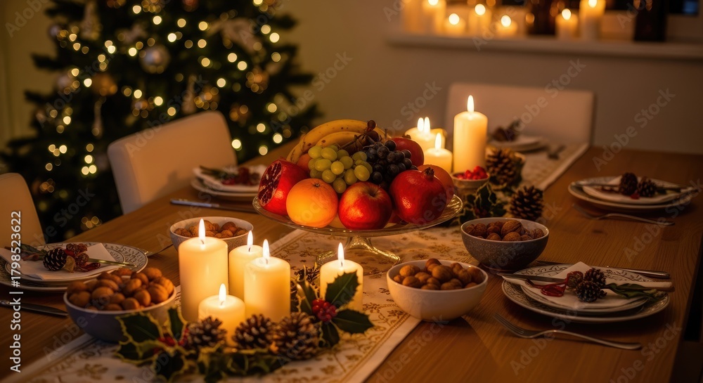 Obraz premium Festive Christmas Dinner Table Setting with Candles and Decorations.