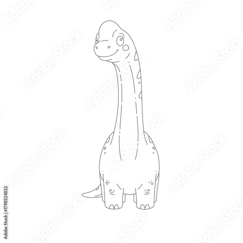 Cute Brachiosaurus Line Art Vector, Long Neck Dinosaur Coloring Page for Children's Books.
