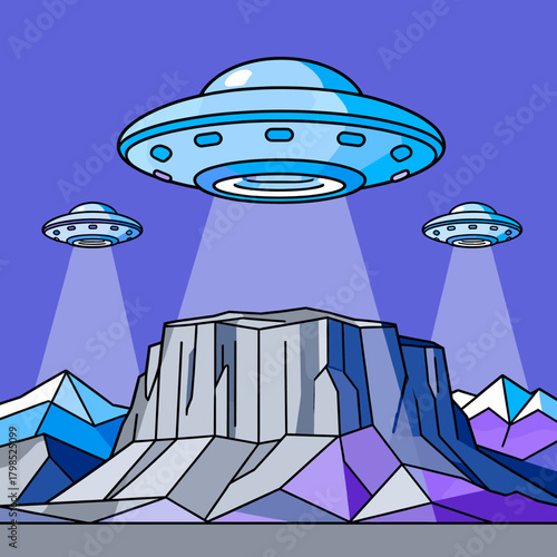 Cartoony UFOs flying saucers hover over a mountain landscape with blue sky in a surreal scene vector 