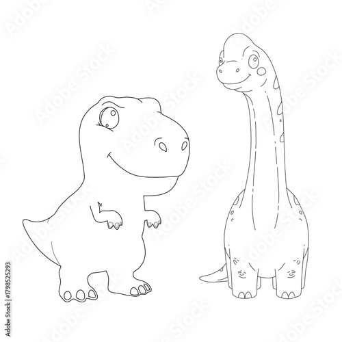 Cute Dinosaur Coloring Page Vector, T-Rex and Brachiosaurus Line Art Illustration for Kids' Activity Books.