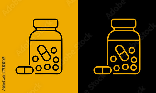 Outline illustration of a pill bottle filled with capsules and tablets on a split yellow and black background